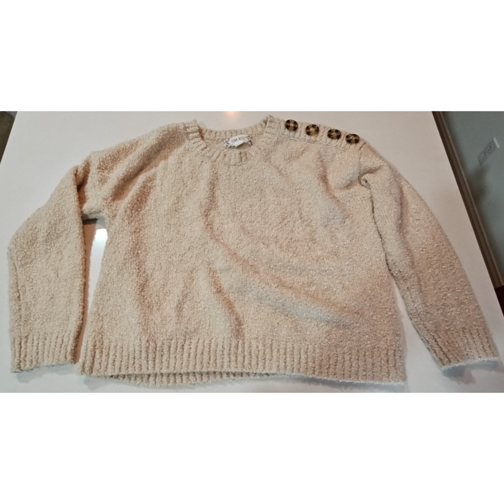 Pink Rose Sweater Womens Small Cream Knit Button Shoulder Long Sleeve Cozy - Med